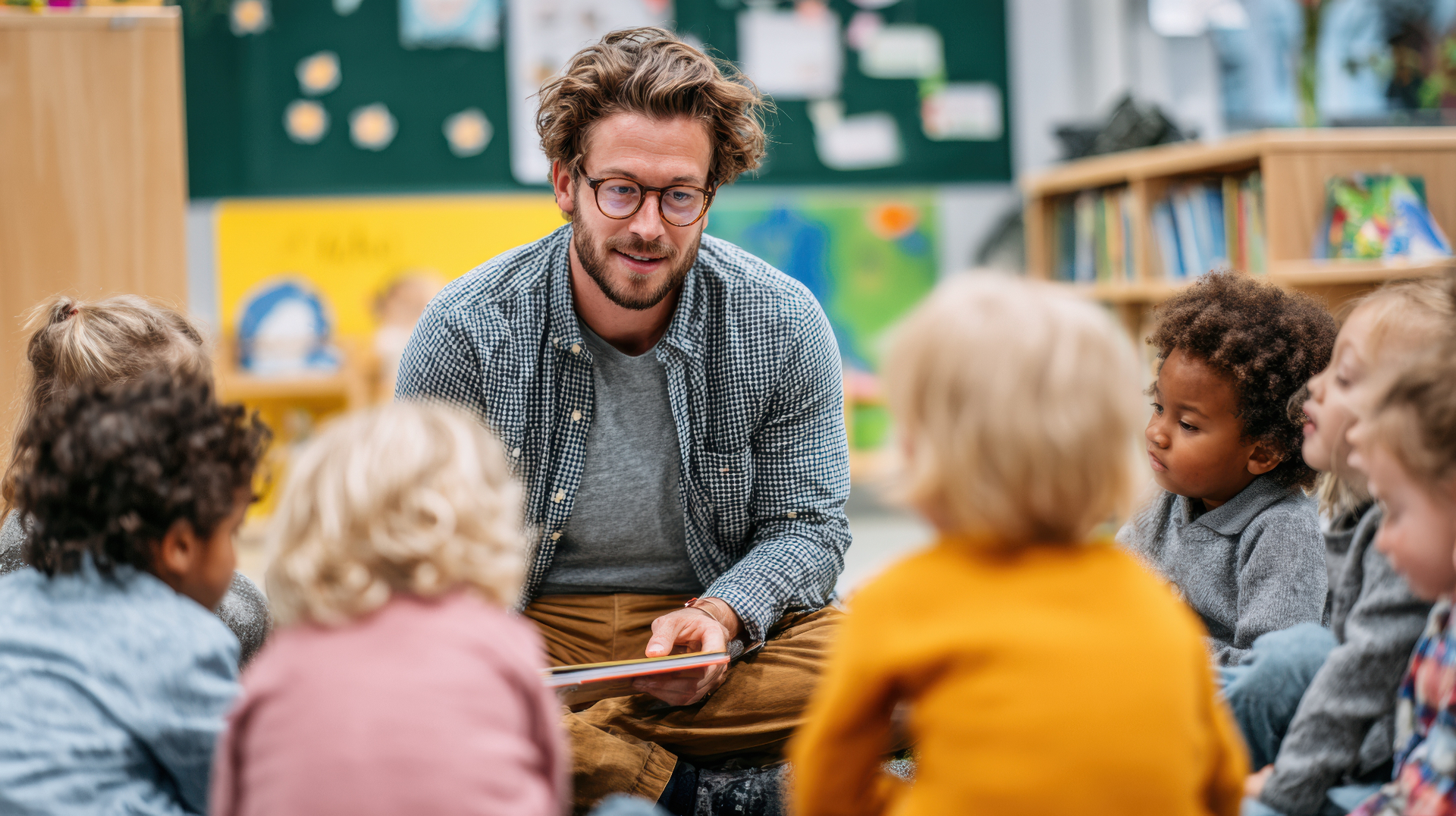 A Mentor reading aloud to a small circle of children, fully present and engaged.